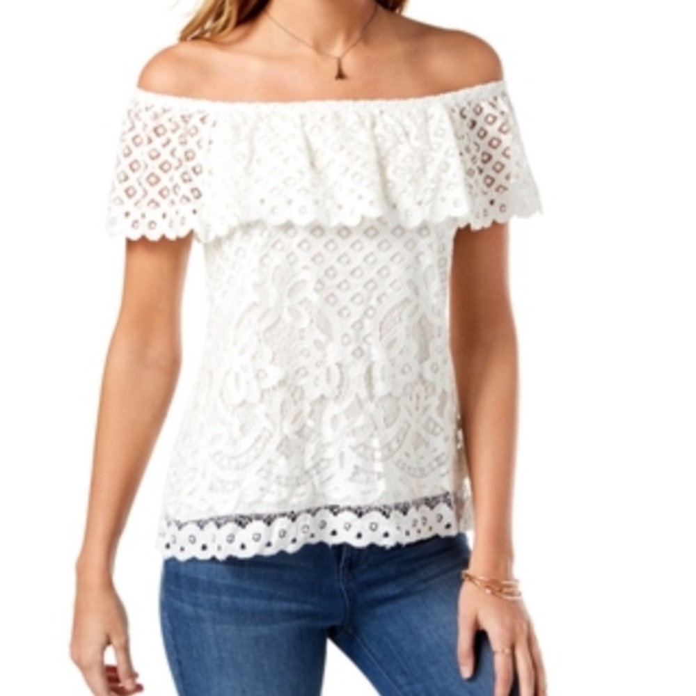 NEW Maison Jules Women’s White Eyelet Off the Shoulder Lace Floral Crochet Top